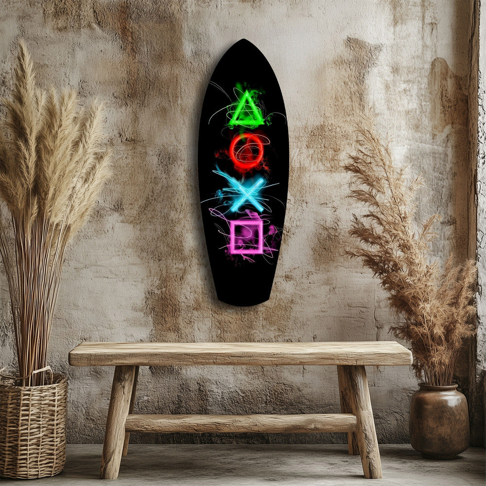 Neon Geometrik İkonlar Gamer Parlama Cam Tablo.