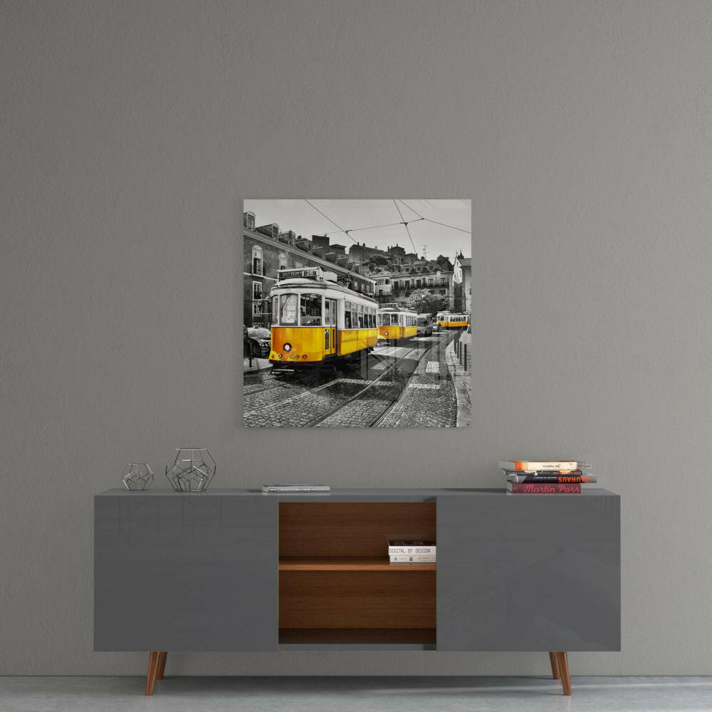 Lizbon Sarı Tramvay Cam Tablo.