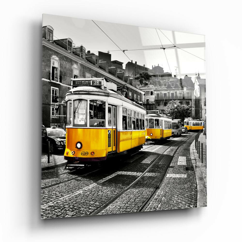 Lizbon Sarı Tramvay Cam Tablo.