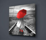 Kırmızı Şemsiyeli Kız Cam Tablo.