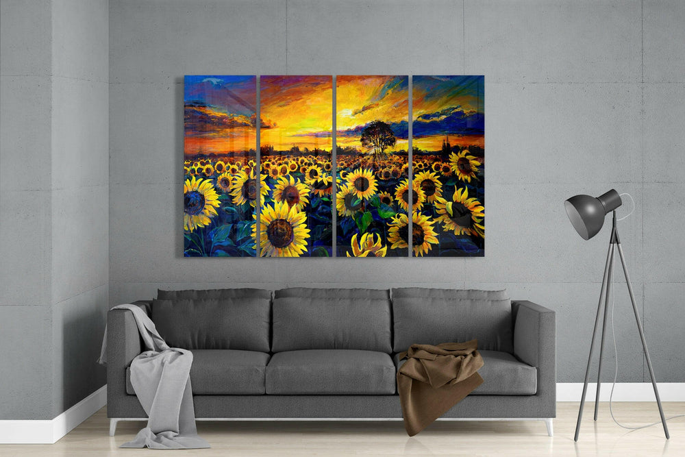 Ayçiçek 4 Parça Mega Cam Tablo | 150x92 cm.