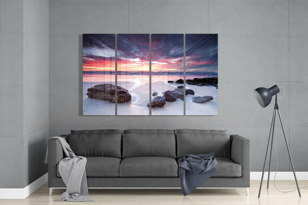 Plajda Gün Batımı 4 Parça Mega Cam Tablo | 150x92 cm.