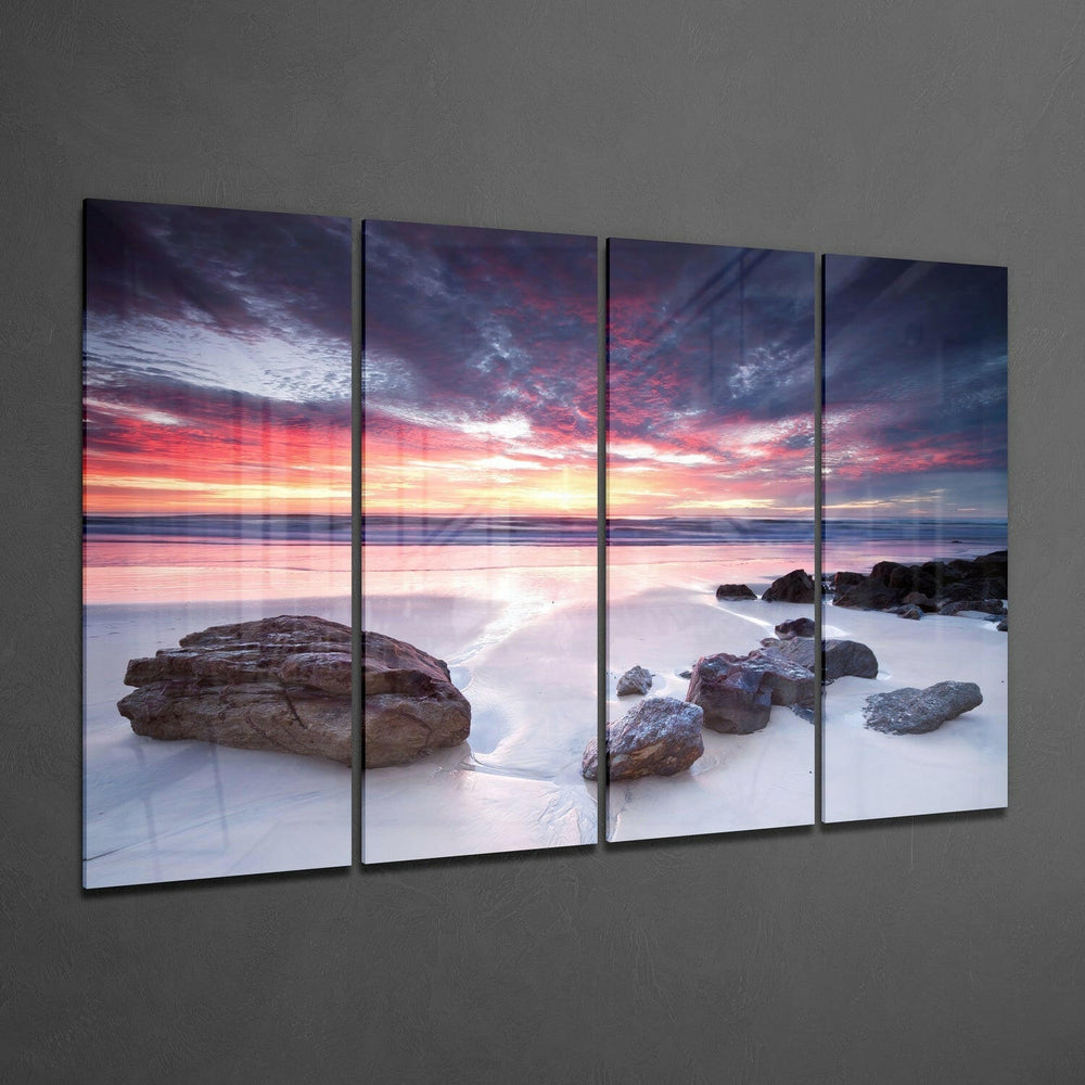 Plajda Gün Batımı 4 Parça Mega Cam Tablo | 150x92 cm.