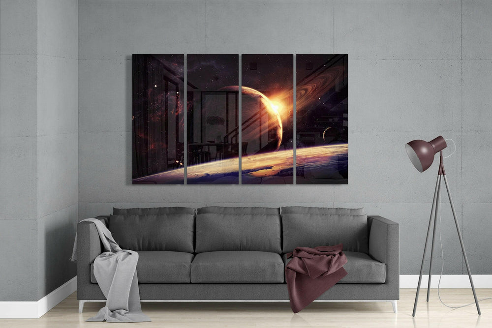 Uzayda Gün Batımı 4 Parça Mega Cam Tablo | 150x92 cm.