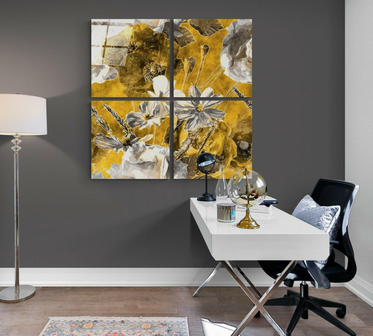 Sonbahar Çiçekleri Quadro Cam Tablo.