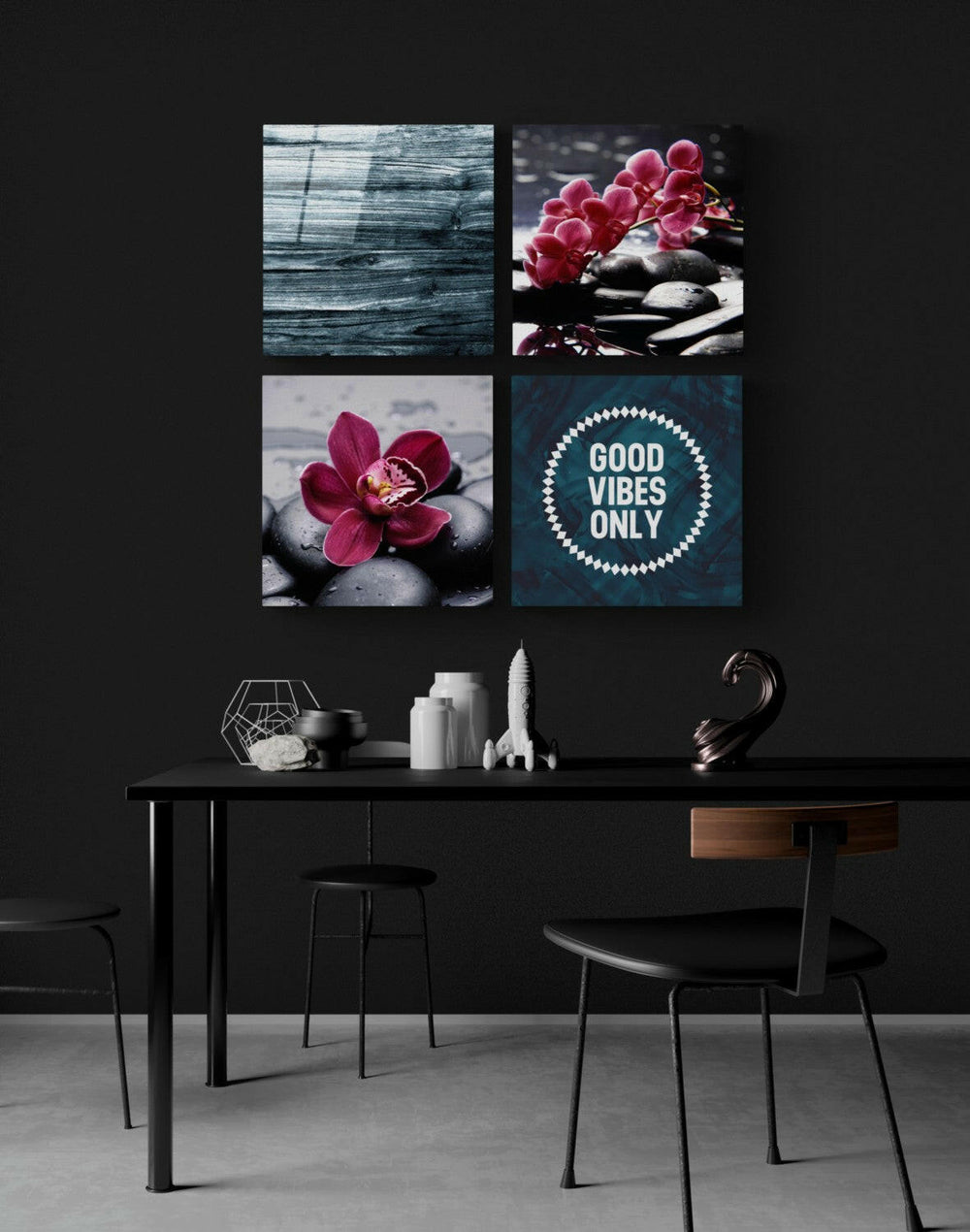 Orkideler ve Taşlar Quadro 4 Parçalı Cam Tablo.