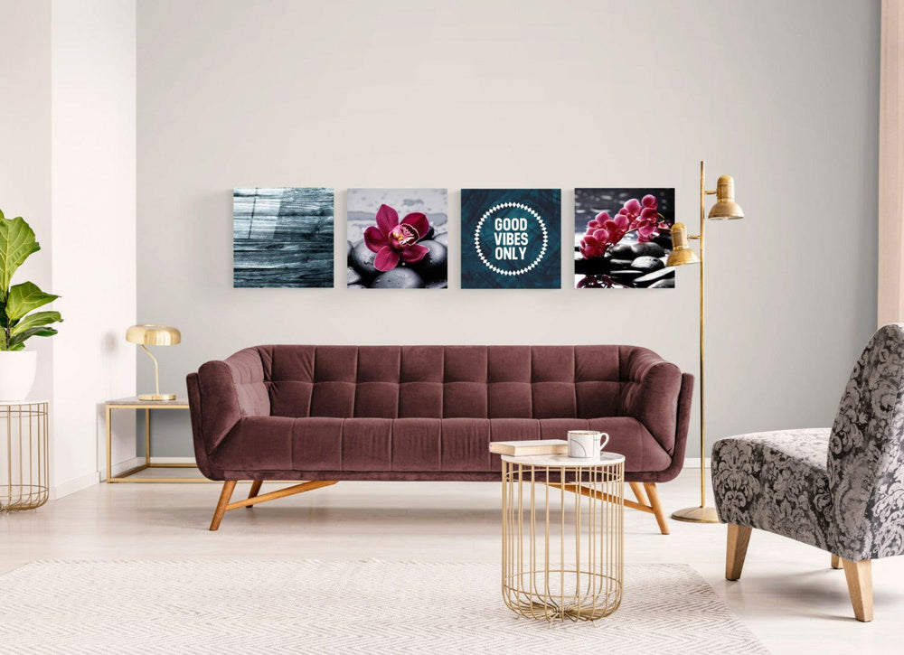 Orkideler ve Taşlar Quadro 4 Parçalı Cam Tablo.