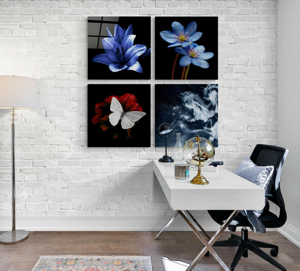Çiçekler Quadro 4 Parçalı Cam Tablo.