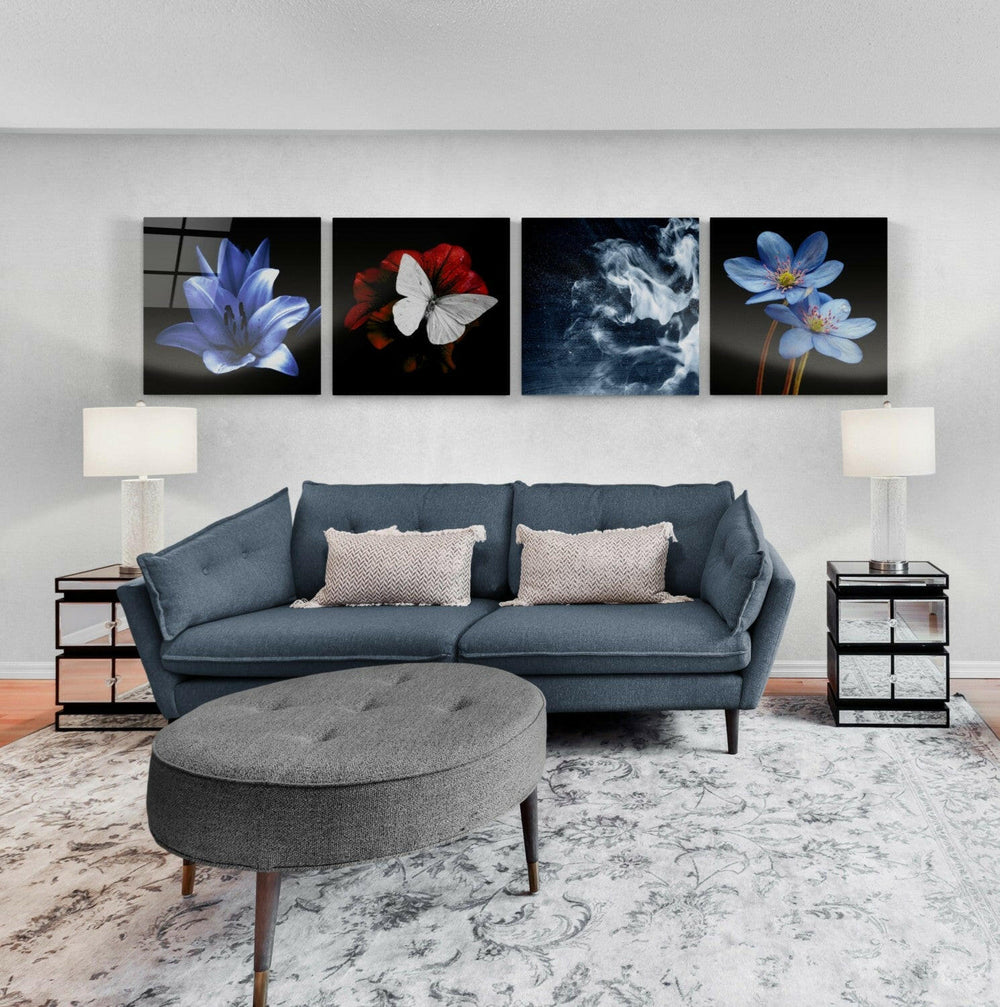 Çiçekler Quadro 4 Parçalı Cam Tablo.