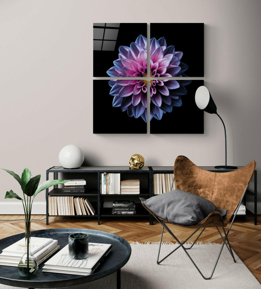 Mor Krizantem Quadro 4 Parçalı Cam Tablo.