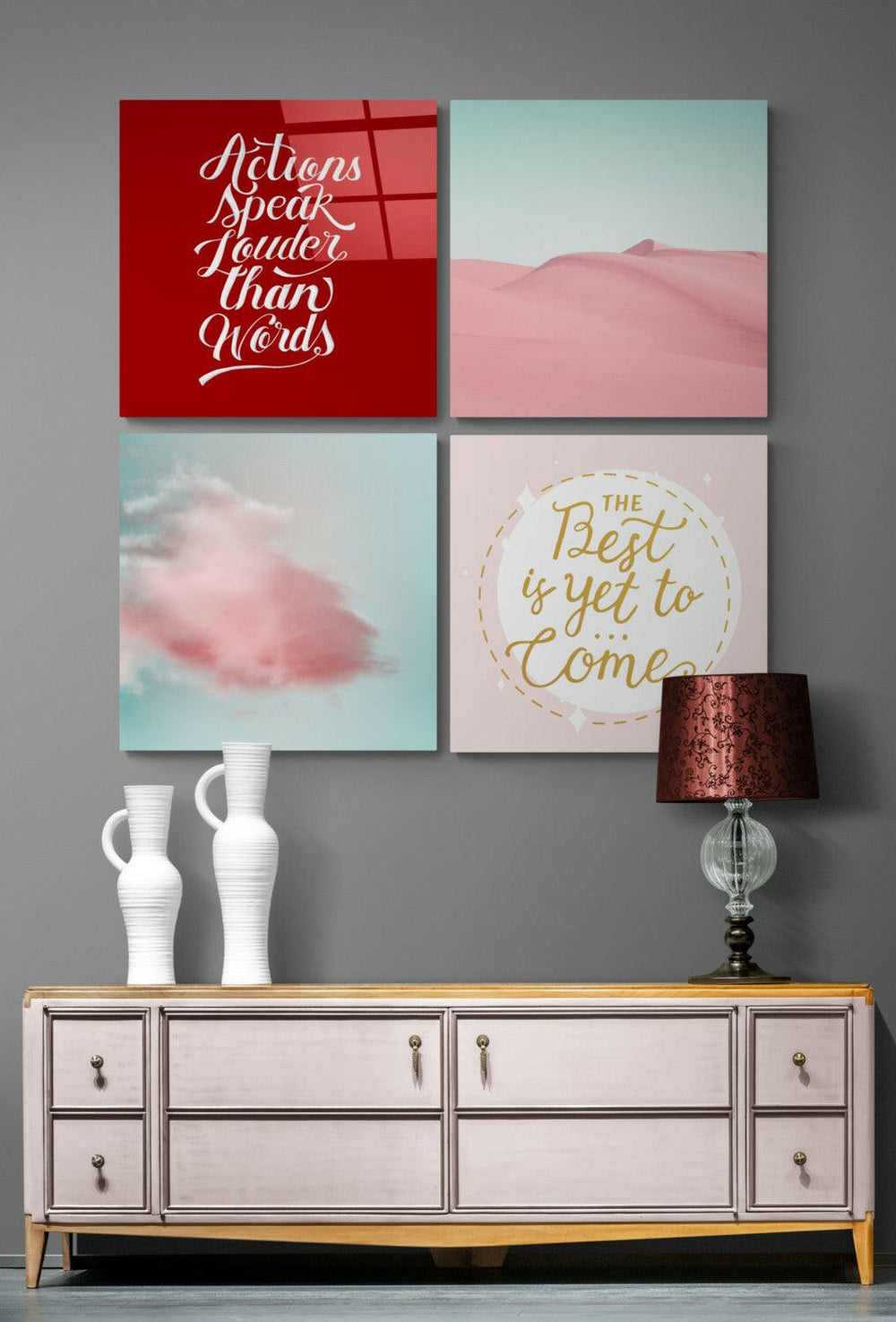 Pembe Çöl Quadro 4 Parçalı Cam Tablo.