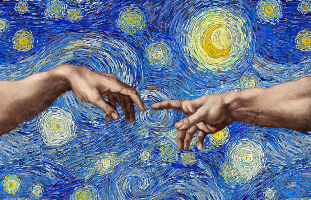 Van Gogh Tarzında Tanrı ve Adem'in Elleri Cam Tablo