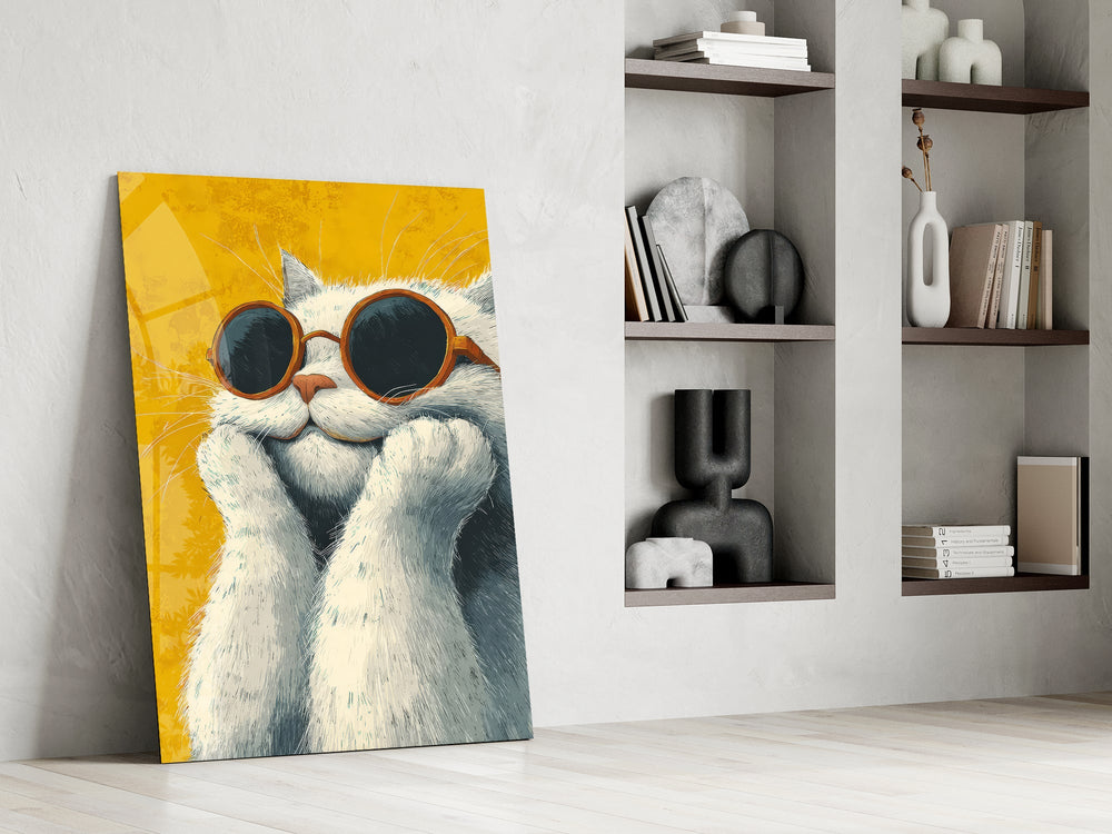 Güneş Gözlüklü Havalı Kedi Cam Tablo