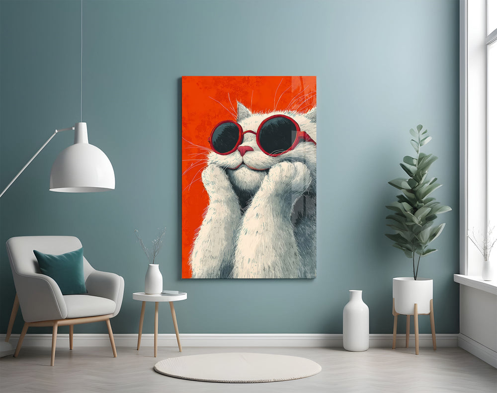 Güneş Gözlüklü Havalı Kedi Cam Tablo