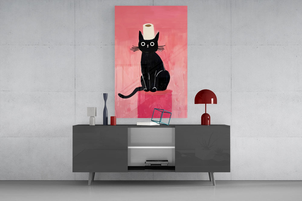 Siyah Kedi ve Tuvalet Kâğıdı Cam Tablo