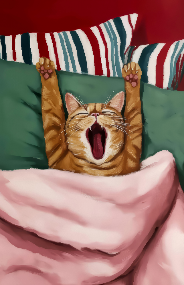 Yatakta Esneyen Kedi Cam Tablo