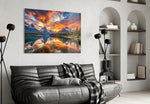 Fiery Clouds Over Snowy Peaks Lake Glass Wall Art
