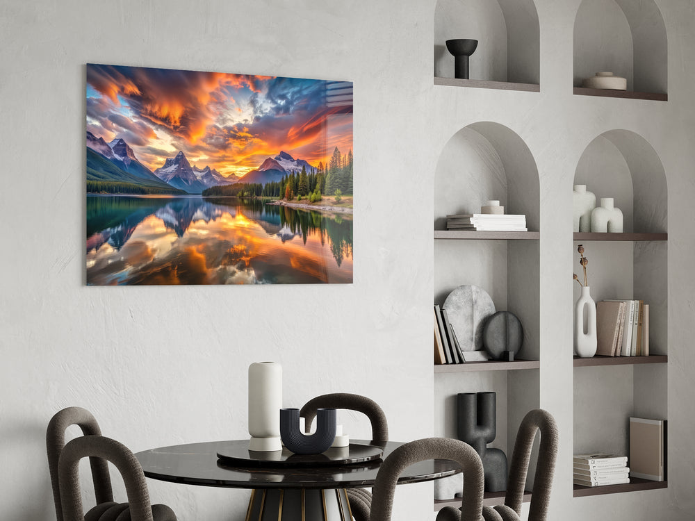 Fiery Clouds Over Snowy Peaks Lake Glass Wall Art