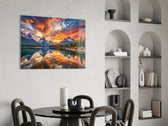 Fiery Clouds Over Snowy Peaks Lake Glass Wall Art