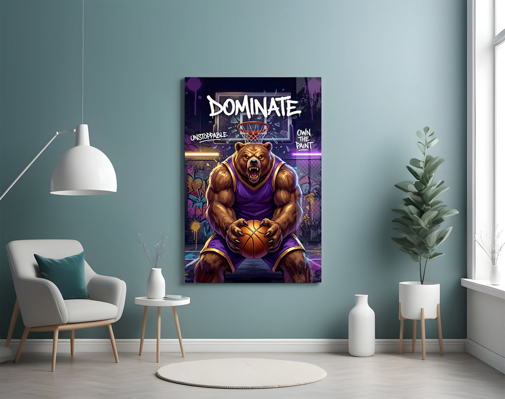Dominate Grizzly Bear Basketball Glass Wall Art
