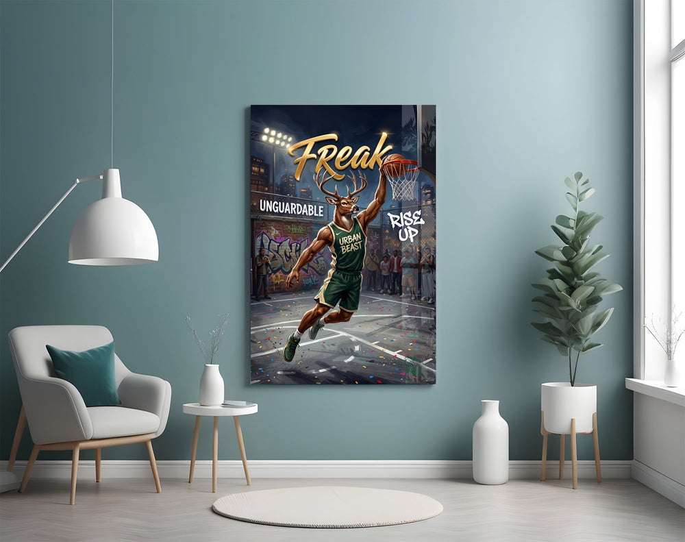 Freak Antlered Stag Baller Glass Wall Art