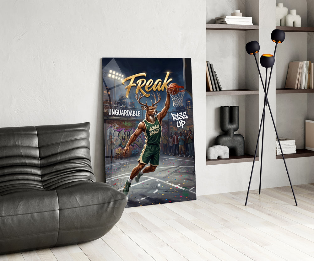 Freak Antlered Stag Baller Glass Wall Art