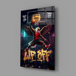 Liftoff Red Eagle Basketball Dunk Glass Wall Art