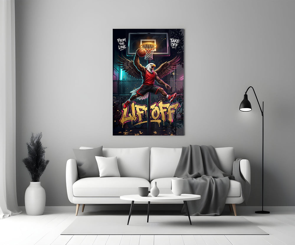 Liftoff Red Eagle Basketball Dunk Glass Wall Art