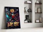 Liftoff Red Eagle Basketball Dunk Glass Wall Art