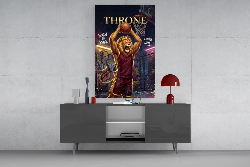 Throne Crowned Lion Basketball Glass Wall Art