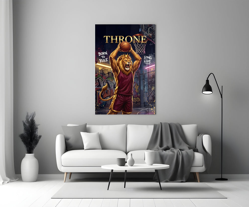 Throne Crowned Lion Basketball Glass Wall Art