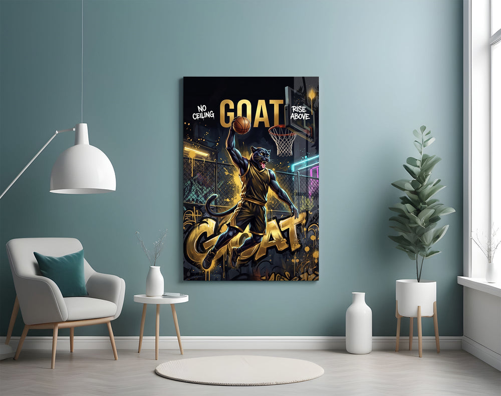 GOAT Panther Slam Dunk Basketball Glass Wall Art