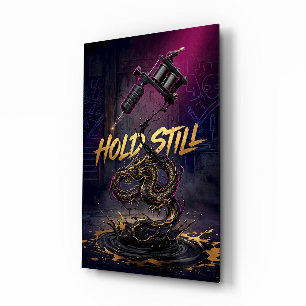 Hold Still Tattoo Machine Gold Dragon Glass Wall Art