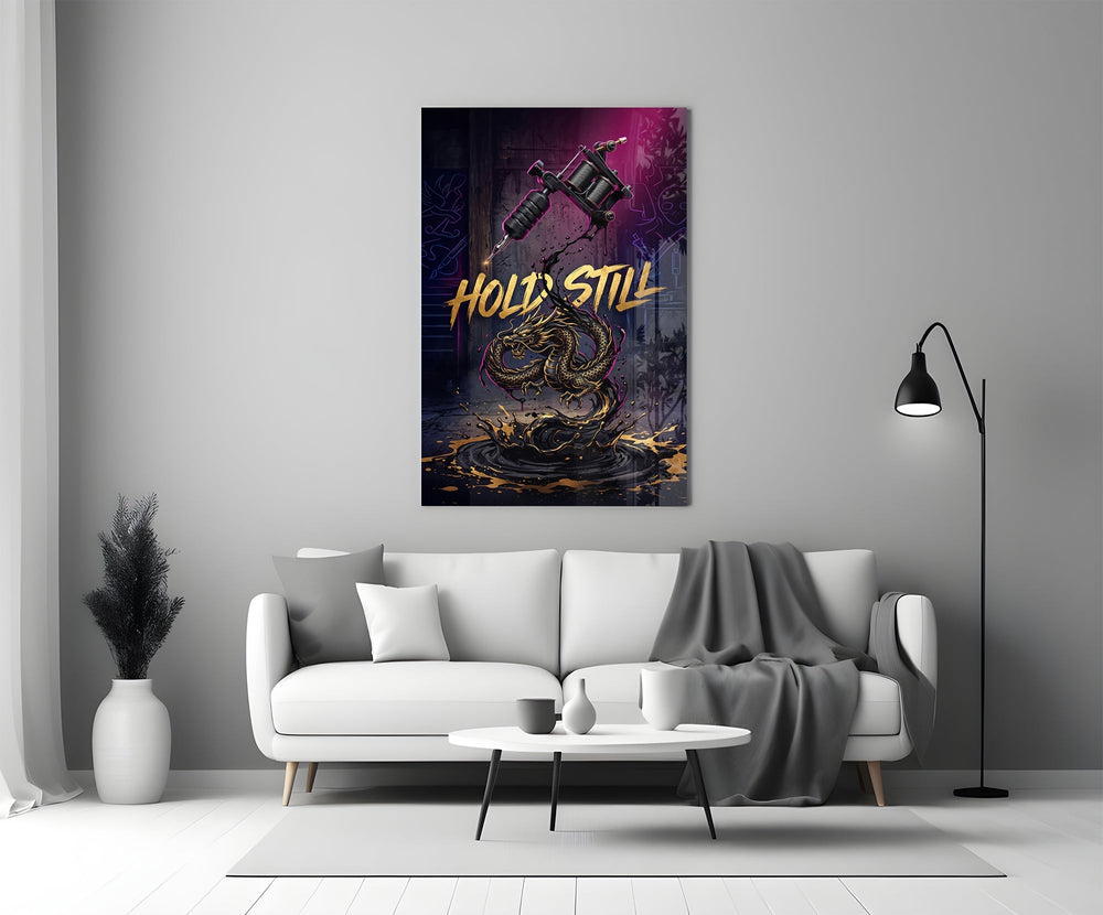 Hold Still Tattoo Machine Gold Dragon Glass Wall Art