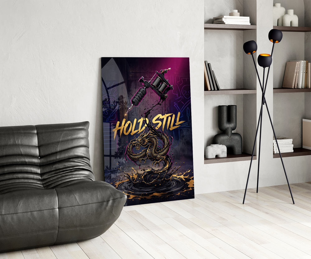 Hold Still Tattoo Machine Gold Dragon Glass Wall Art