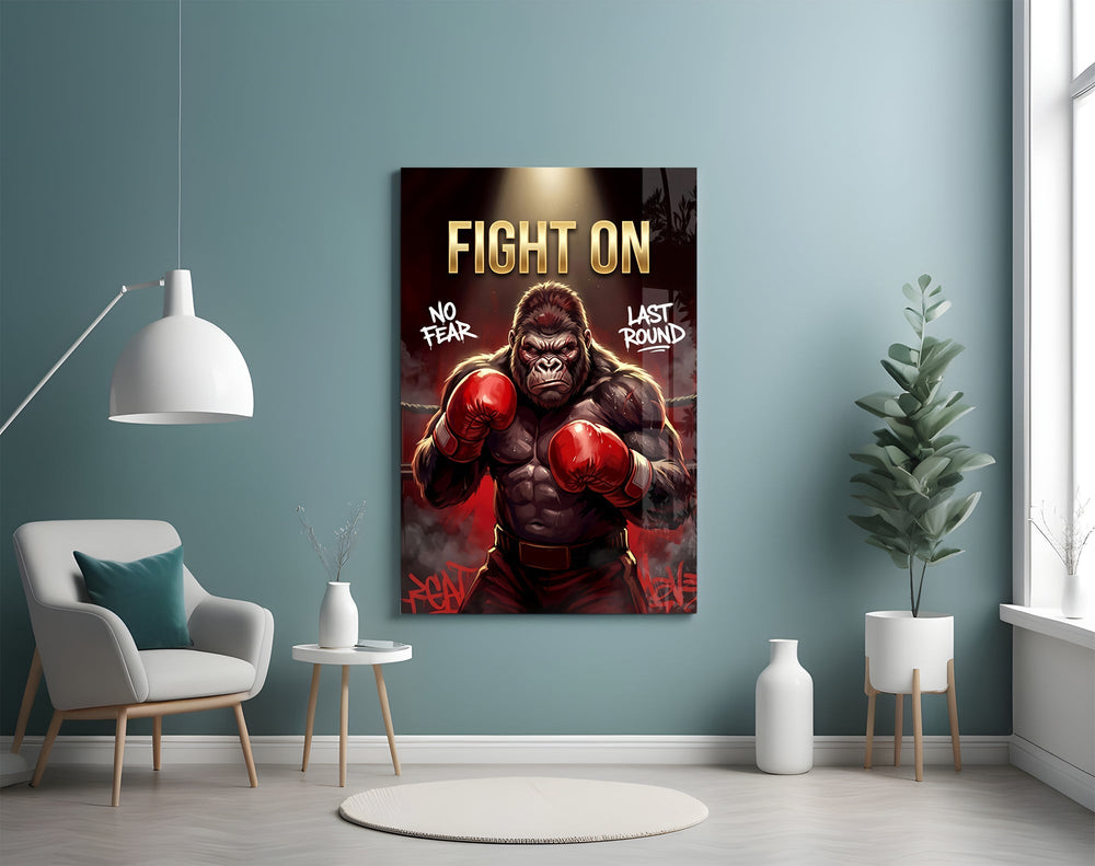 Fight On Gorilla Boxer Red Gloves Glass Wall Art