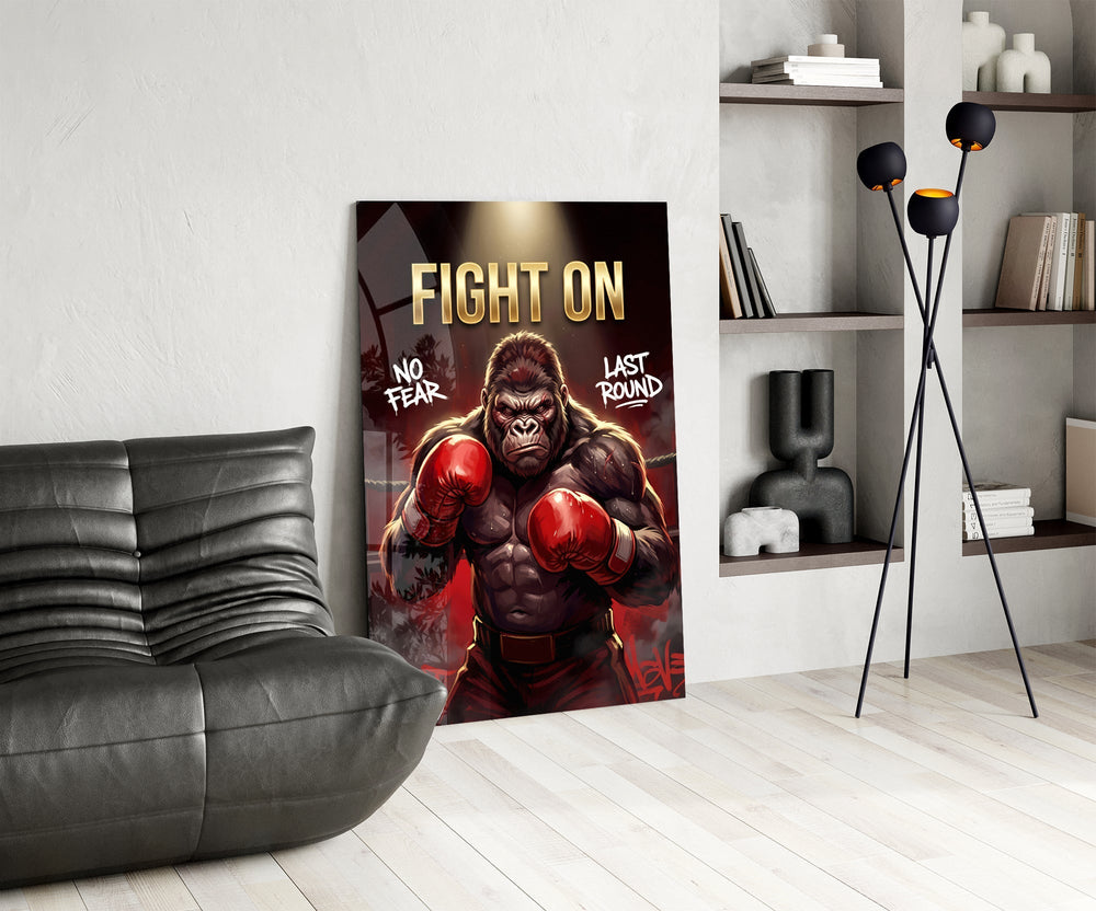 Fight On Gorilla Boxer Red Gloves Glass Wall Art