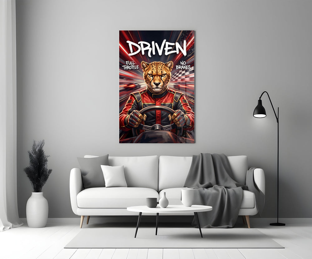 Driven Cheetah Race Car Driver Glass Wall Art