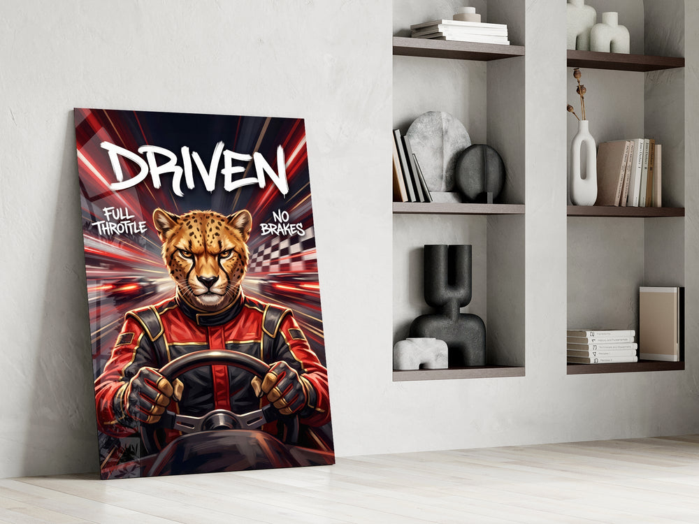 Driven Cheetah Race Car Driver Glass Wall Art