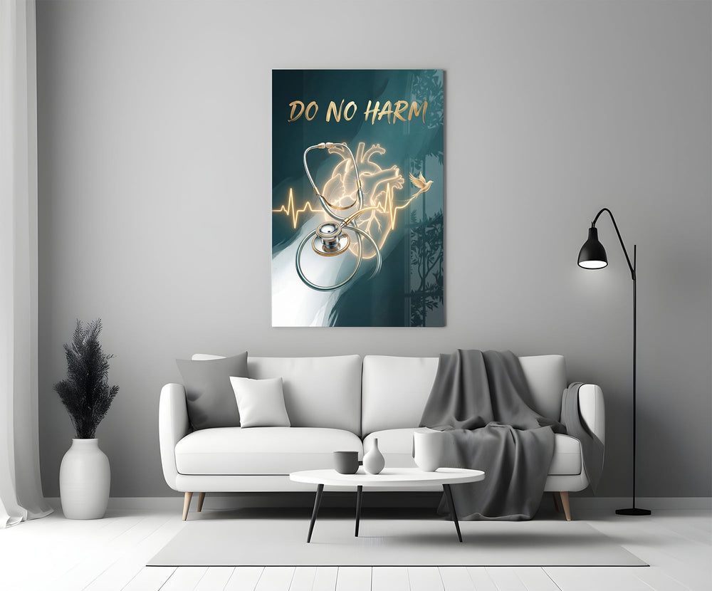 Do No Harm Stethoscope Golden Heart Glass Wall Art