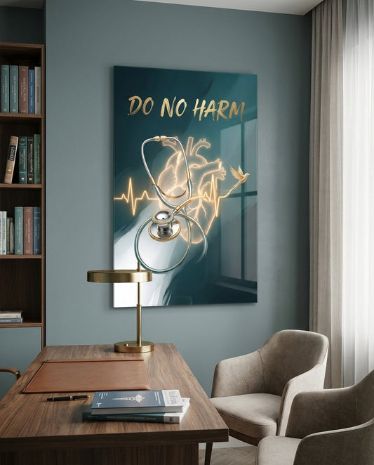 Do No Harm Stethoscope Golden Heart Glass Wall Art