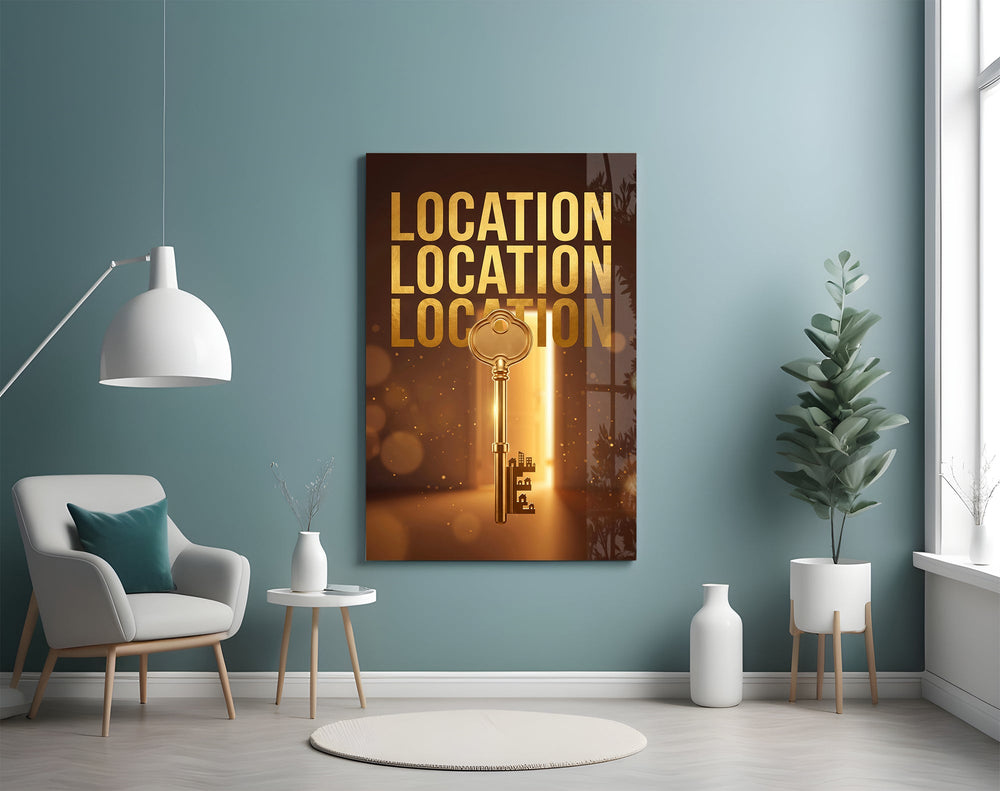 Location Location Location Gold Key Glass Wall Art