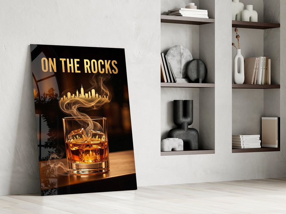On the Rocks Gold Whiskey Skyline Glass Wall Art