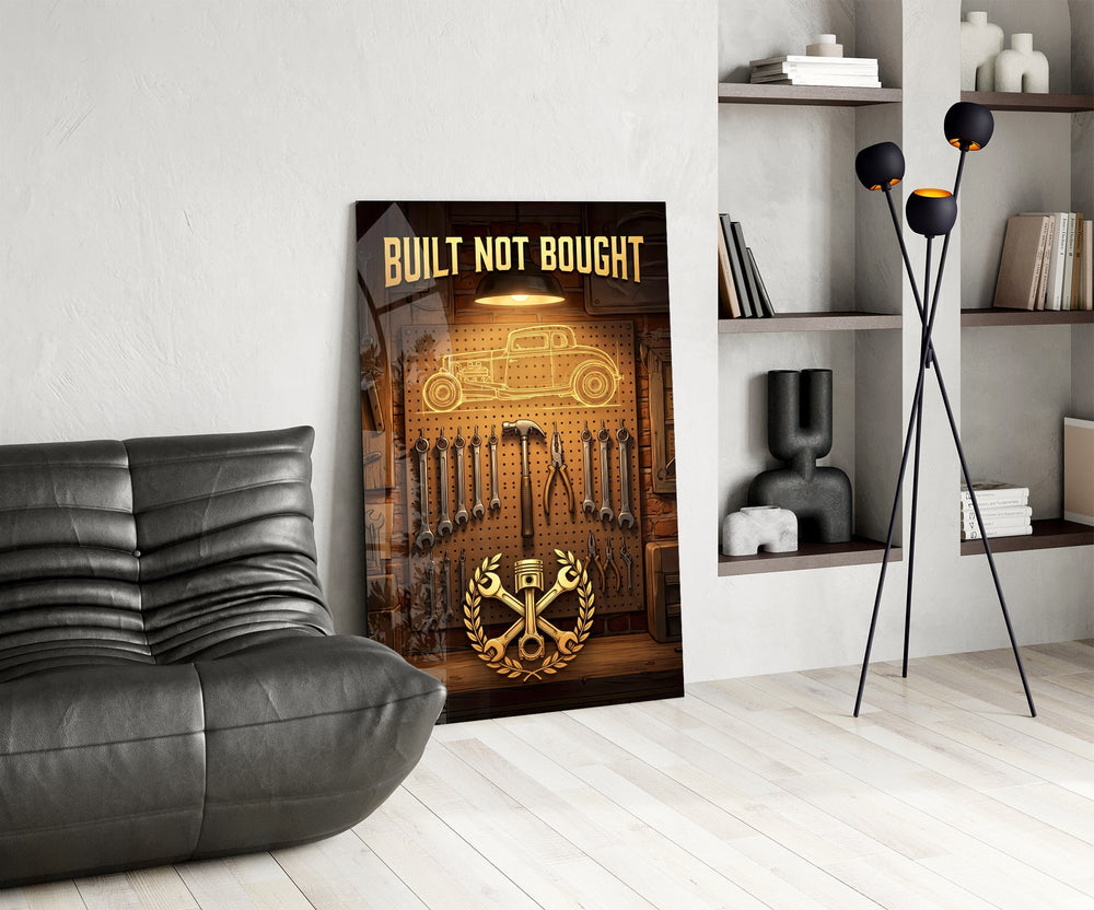 Built Not Bought Hot Rod Garage Glass Wall Art