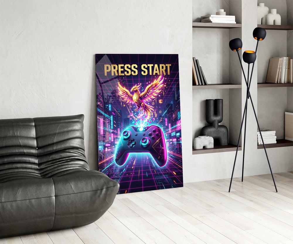 Press Start Neon Phoenix Gaming Glass Wall Art