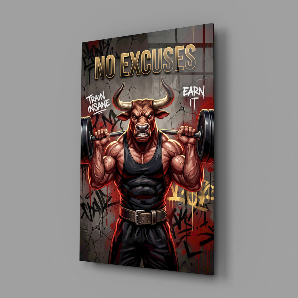 No Excuses Weightlifting Bull Glass Wall Art