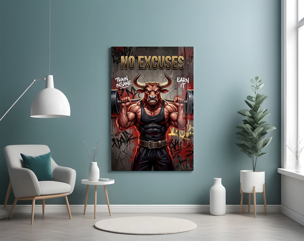No Excuses Weightlifting Bull Glass Wall Art