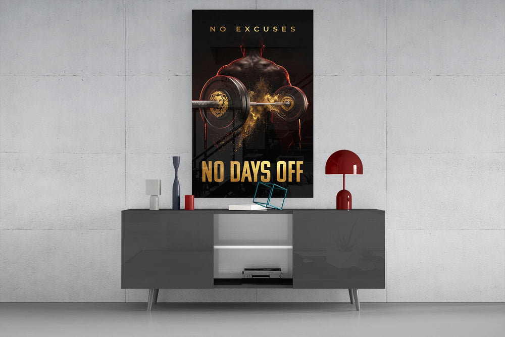 No Days Off Gold Barbell Gym Glass Wall Art
