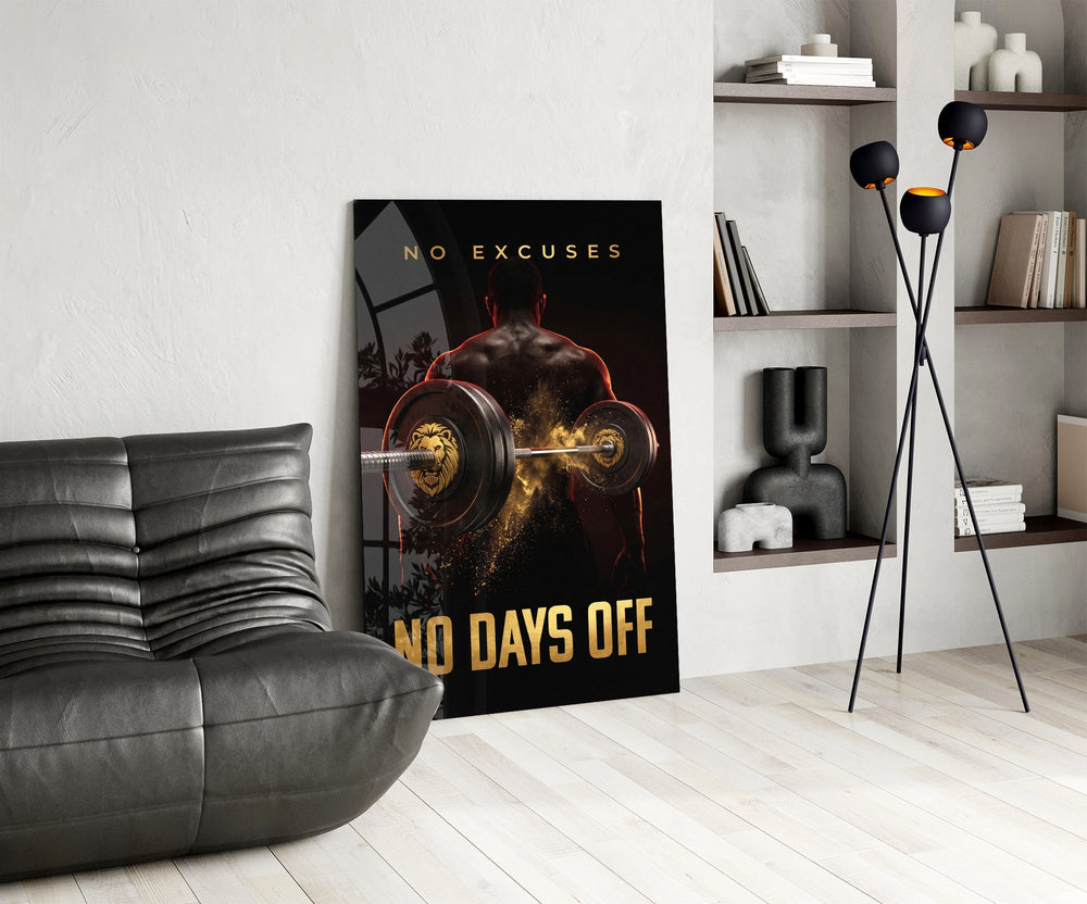 No Days Off Gold Barbell Gym Glass Wall Art