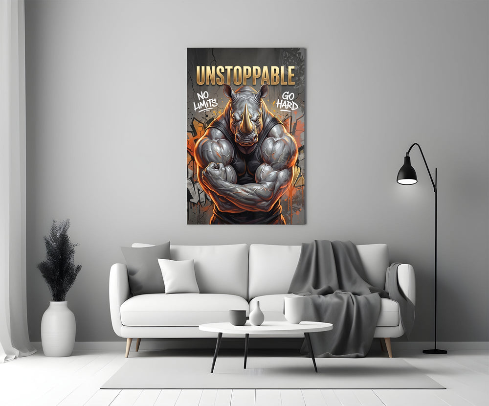 Unstoppable Muscular Rhino Glass Wall Art